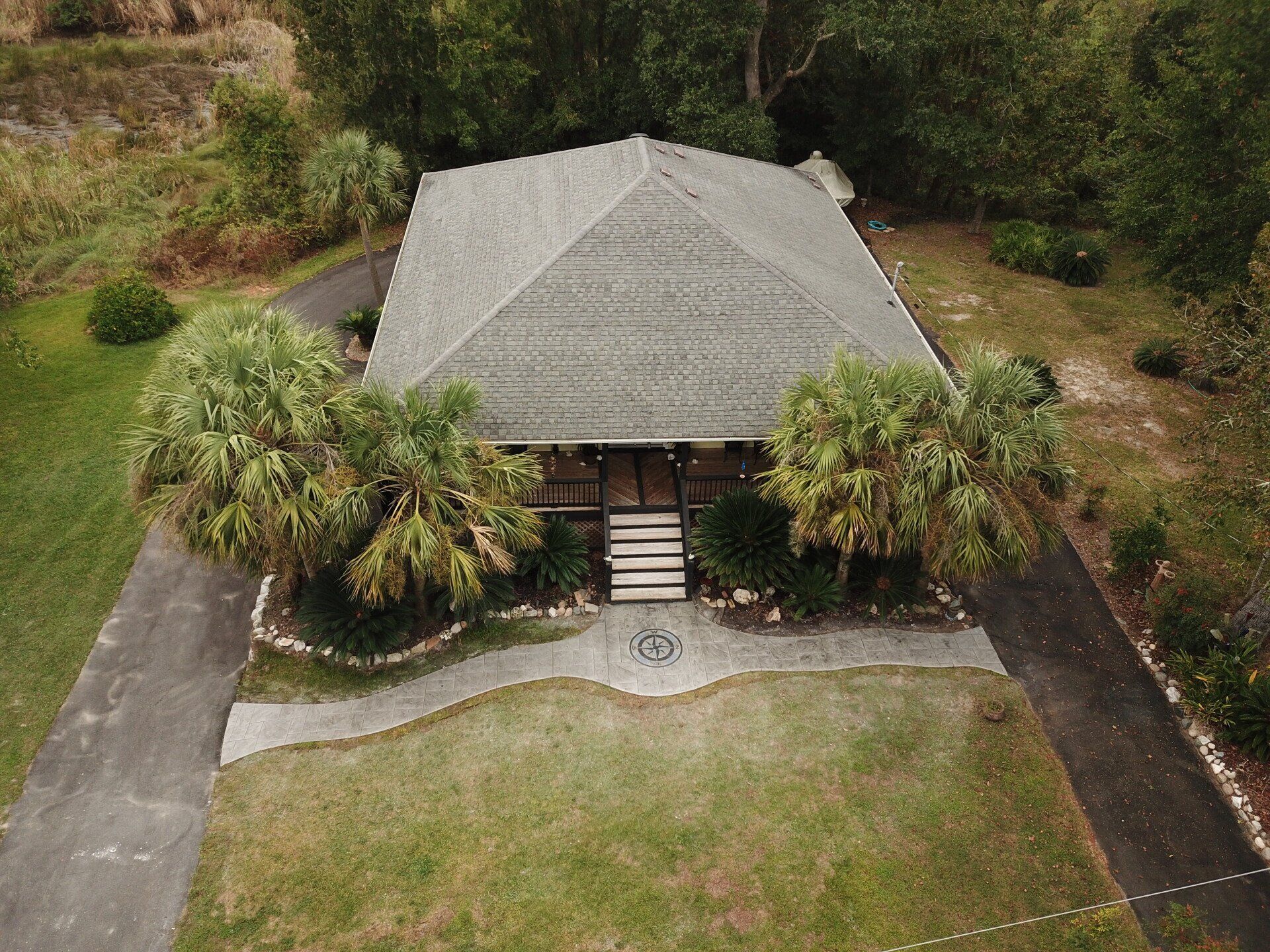 Aerial view of a finished decorative concrete driveway